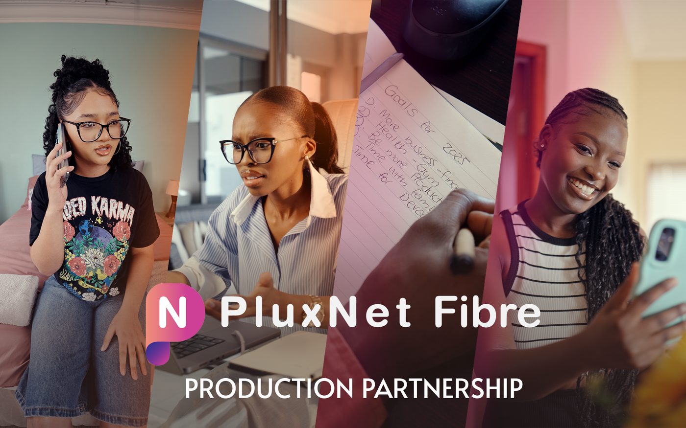 PluxNet Fibre production partnership: four stills from the advertising and social content produced for the brand