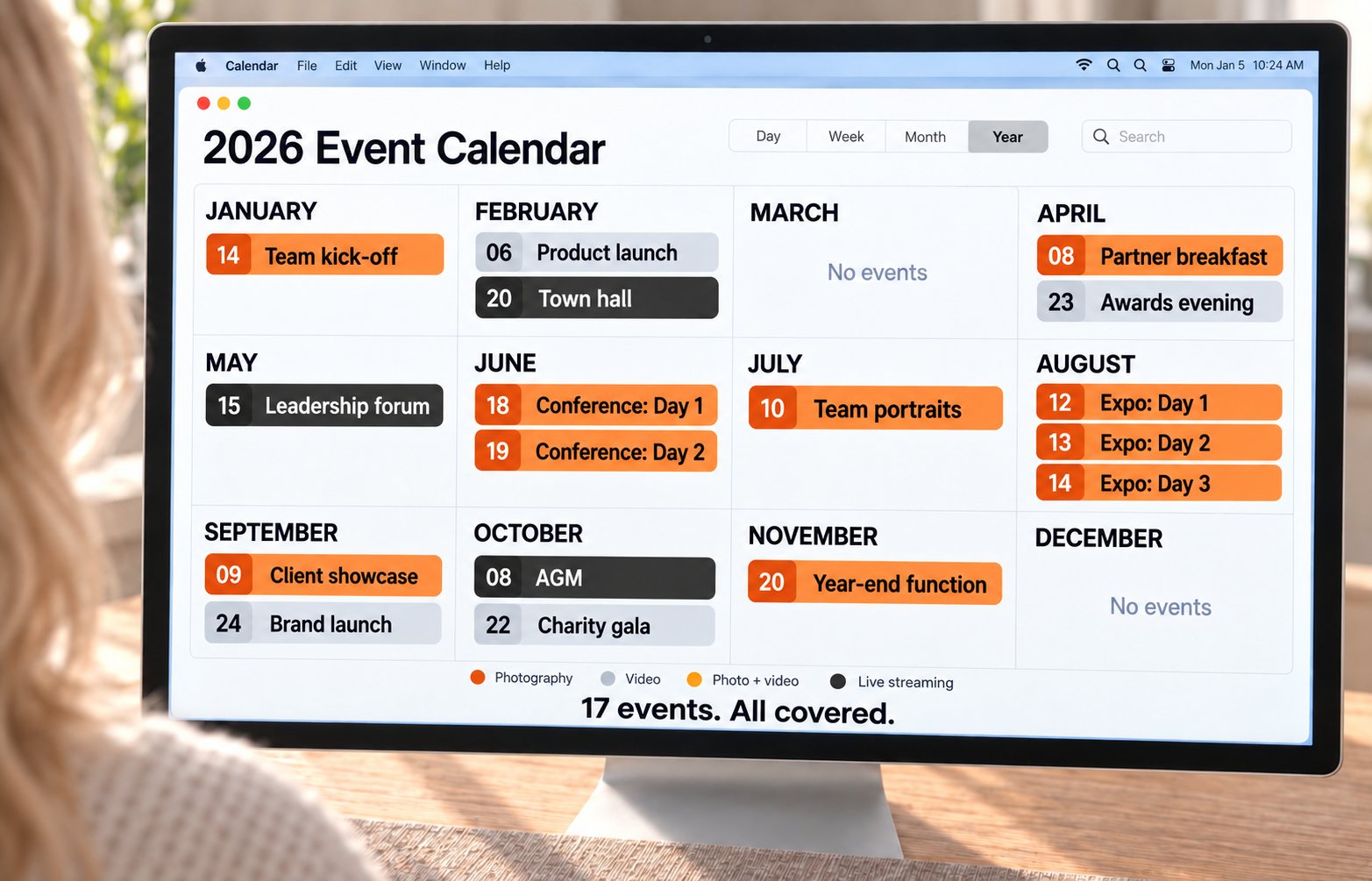 A 2026 event calendar open on a desktop computer
